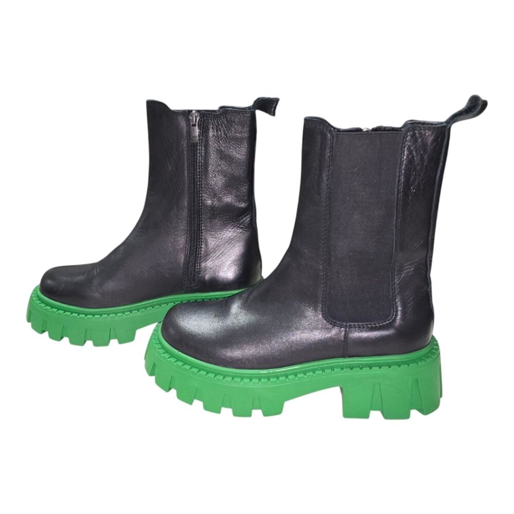 Steve Madden Charges Black Green Sole Leather Zip Up‎ Chunky Boots size 7 New - Picture 8 of 14